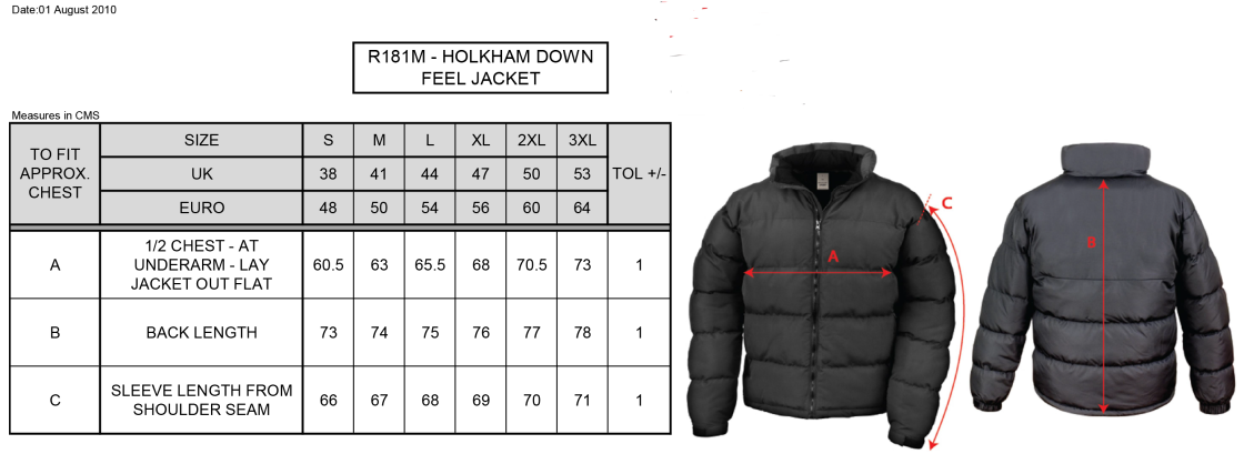 Linthwaite FC - Holkham Down Feel Jacket - Size Guide
