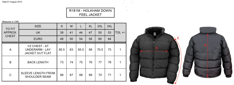 Linthwaite FC - Holkham Down Feel Jacket - Size Guide