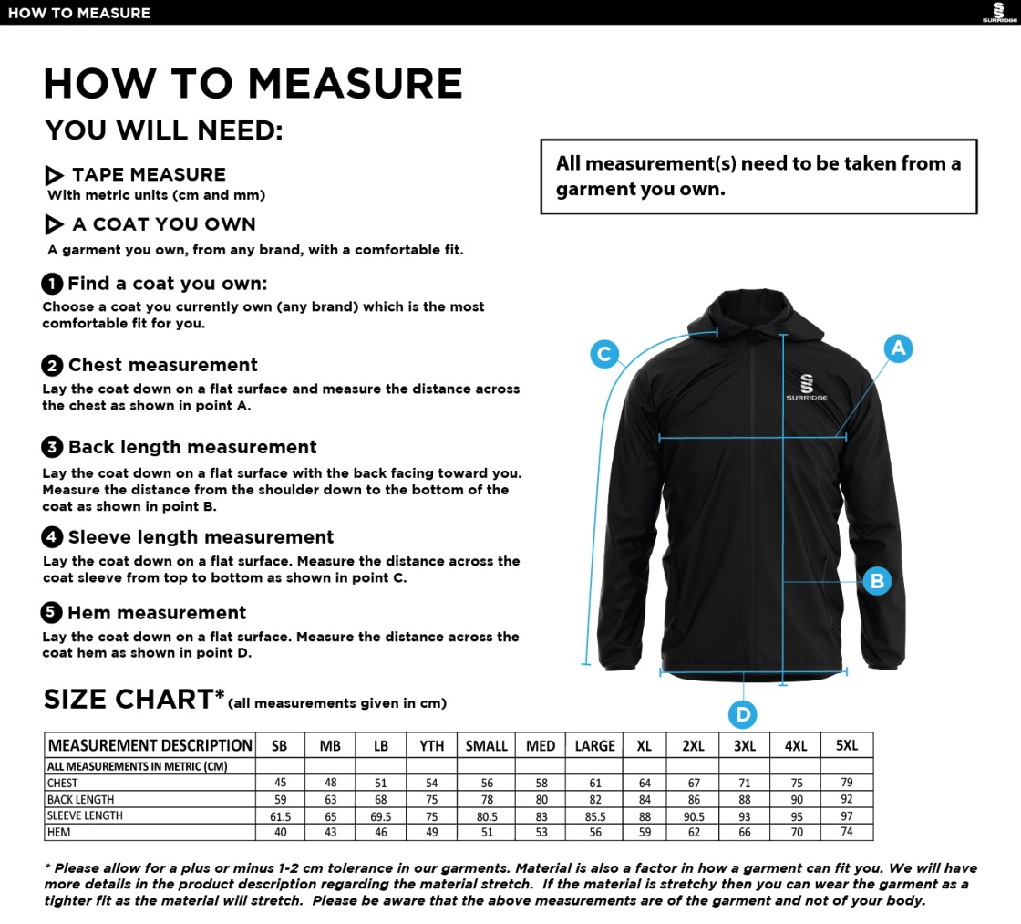 Linthwaite FC - Dual Full Zip Training Jacket - Unisex Fit - Size Guide