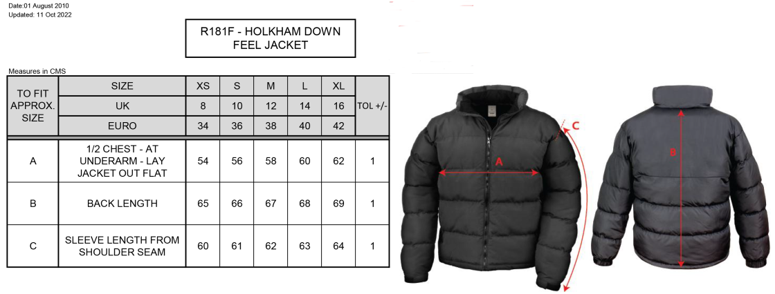 Linthwaite FC - Holkham Down Feel Jacket - Ladies Fit - Size Guide