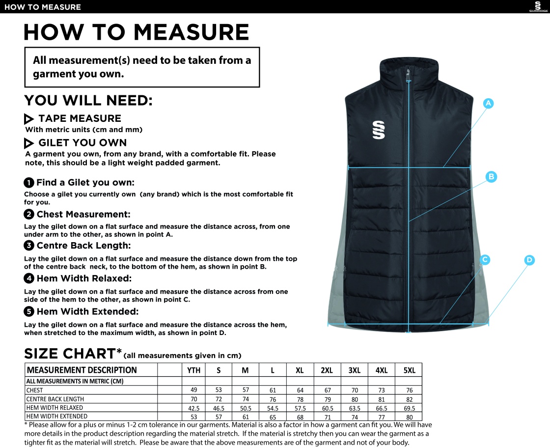 Linthwaite FC - Active Gilet - Unisex Fit - Size Guide