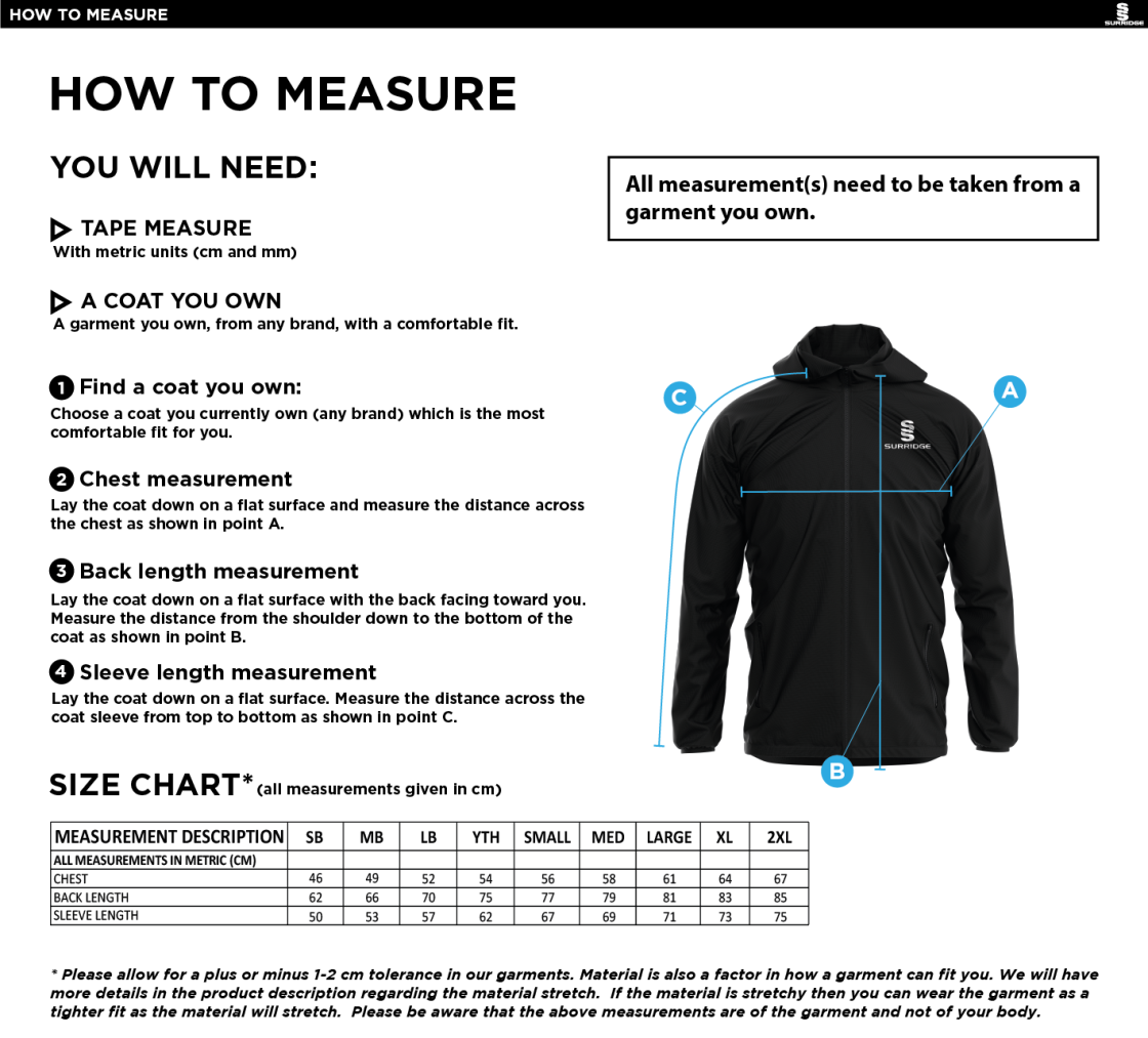 Linthwaite FC - Dual Elite 1/4 Zip Hoody / Rain Jacket - Unisex Fit - Size Guide