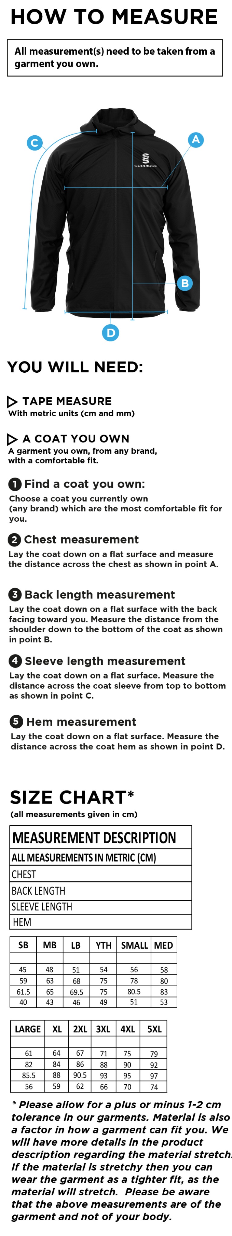 Linthwaite FC - Dual Full Zip Training Jacket - Unisex Fit - Size Guide