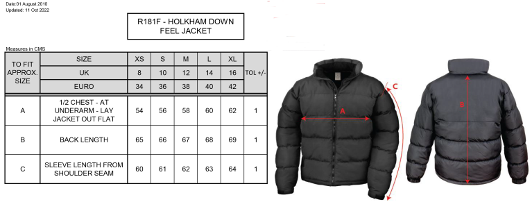 Linthwaite FC - Holkham Down Feel Jacket - Ladies Fit - Size Guide