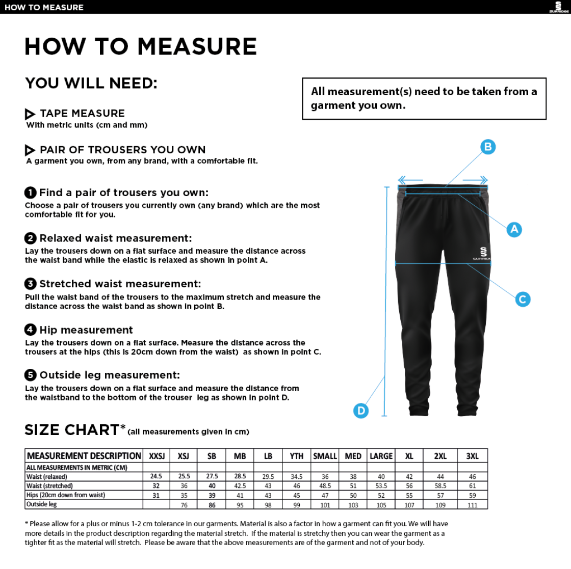Linthwaite FC - Tek Slim Training Pants - Unisex Fit - Size Guide
