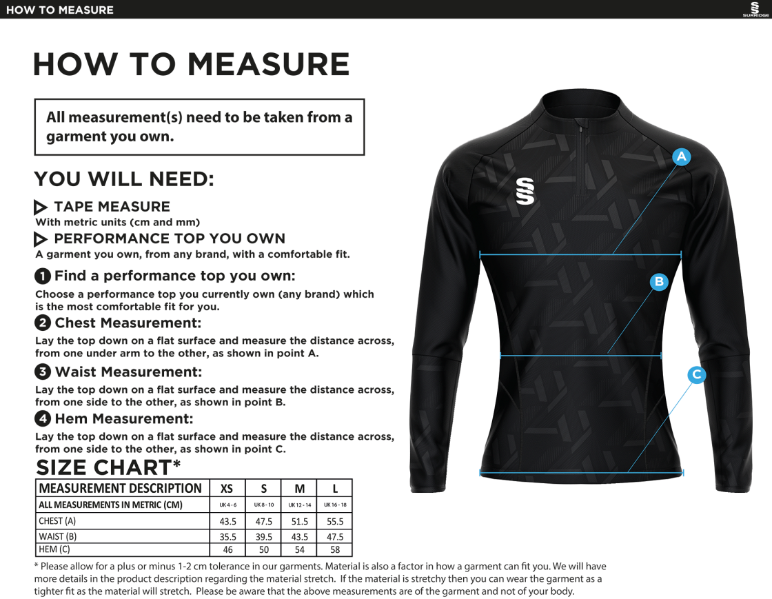 Linthwaite FC - Impact 1/4 Zip Performance Top - Ladies Fit - Size Guide