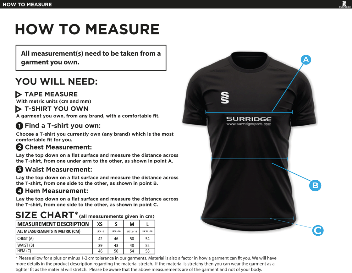 Linthwaite FC - Impact T-Shirt - Ladies Fit - Size Guide