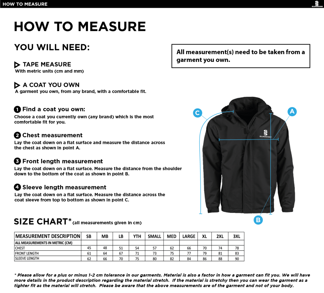 Linthwaite FC - Dual Fleece Lined Jacket - Unisex Fit - Size Guide