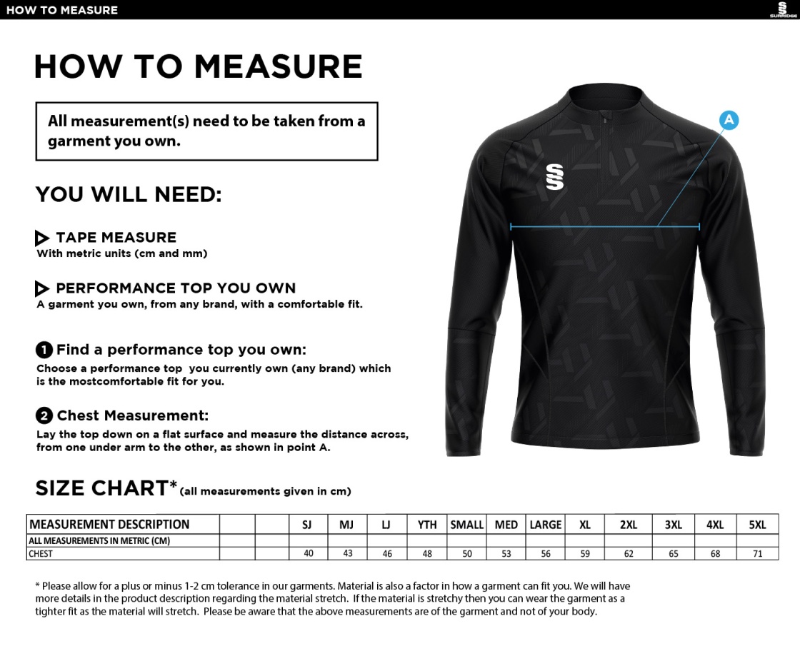 Linthwaite FC - Impact 1/4 Zip Performance Top - Size Guide