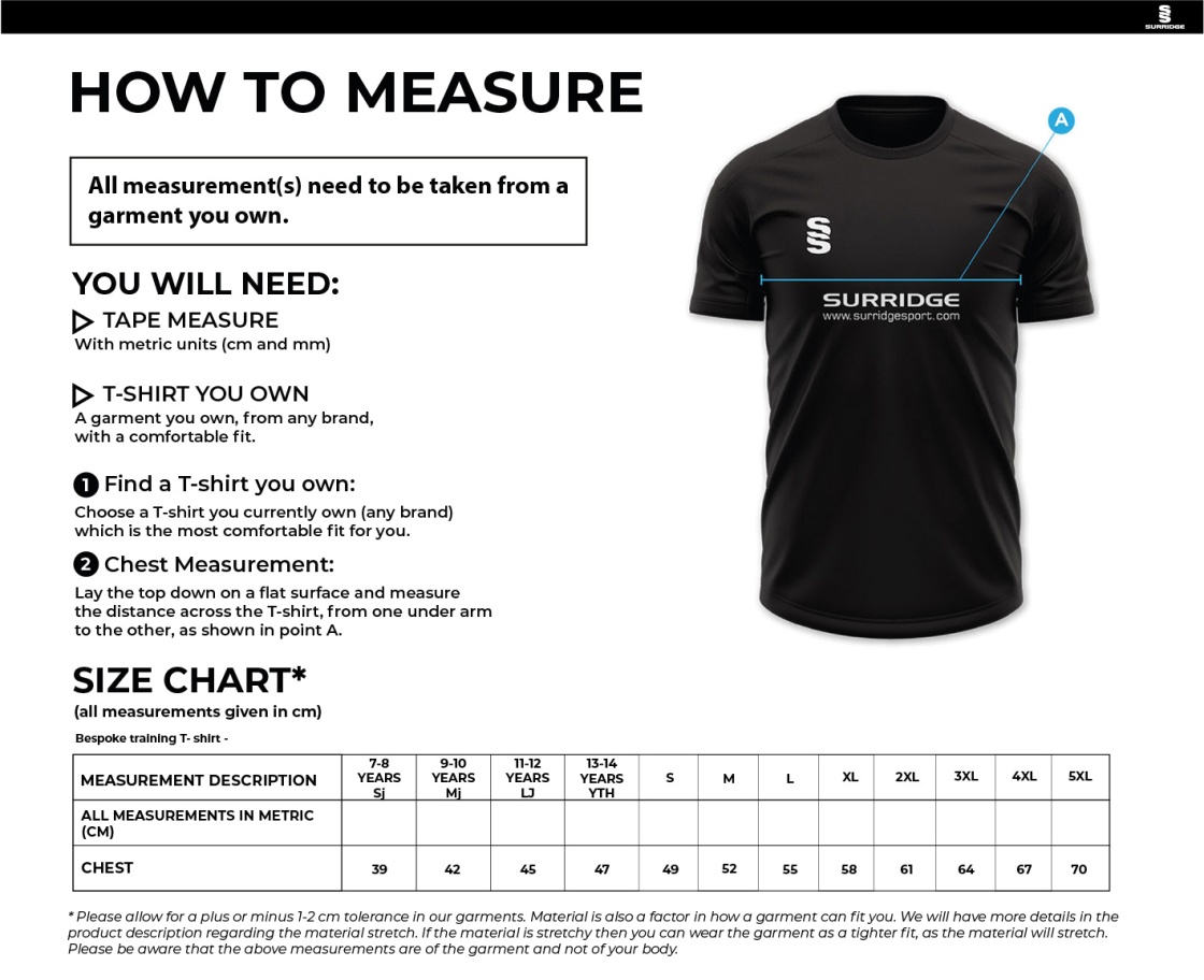 Linthwaite FC - Impact T-Shirt - Size Guide